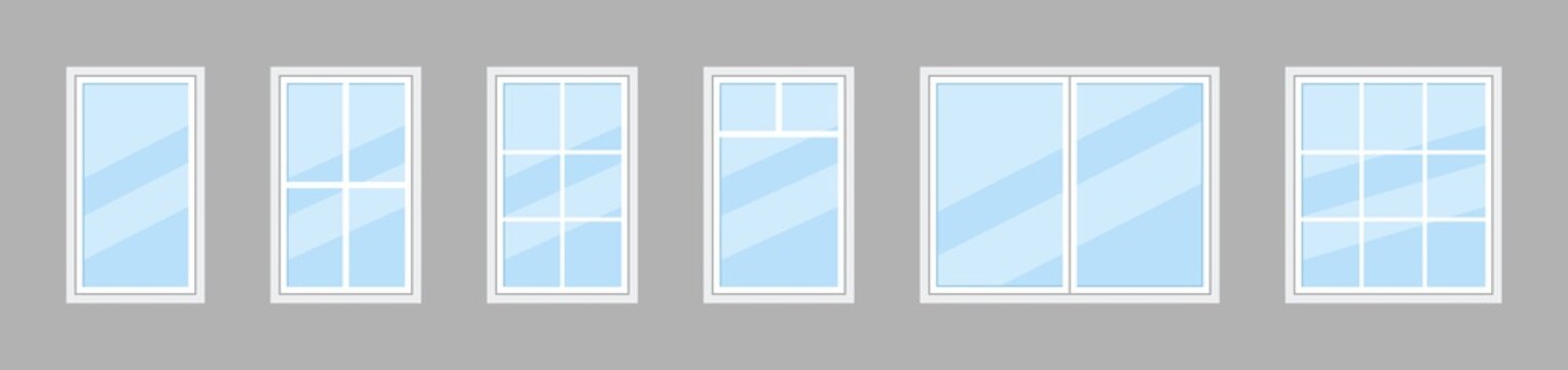Glass window. Icon of plastic windowpane with frame for house and office. Double windows for balcony. Hung glass for architecture or exterior. wooden frame with windowpane for building. Vector