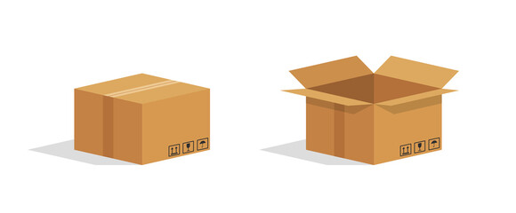 Cardboard box. Open and closed parcel. Isometric carton box. Brown package for goods. Paper cube for delivery and shipping. Mockup of gift in cartboard. 3d icon for shopping, supplies. Vector
