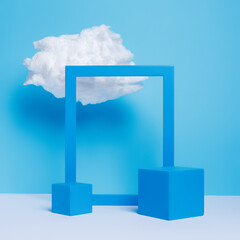 Product podium with clouds, frame and palm leaf on blue background. Geometrical concept scene stage showcase for luxury, sale, presentation or cosmetic. Minimal showcase empty mock up template.