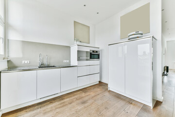 Interior of stylish kitchen with modern furniture and appliances and pop art portraits at home