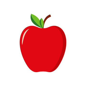 Red apple with green leaf. Icon of fruit apple. Cartoon logo isolated on white background. Symbol of healthy nutrition. Icon for teacher, school, education. Stylized silhouette for juice. Vector.