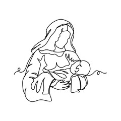 Continuous one line of Marry and baby Jesus in bucketful in silhouette. Minimal style. Perfect for cards, party invitations, posters, stickers, clothing. Black abstract icon. Concept christmas story