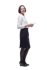business woman with a digital tablet looking at you.