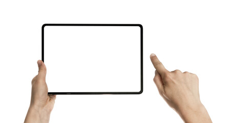 Digital tablet in woman hands on white isolated background. Free space for text.