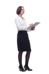 business woman writing something in a clipboard .