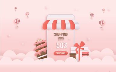 Discount shop online, pink Birthday sale banners on mobile with cake paper cut and papercraft style. Celebration Happy birthday sale voucher template.