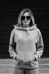 Fasion blonde woman in brown oversize hoodie, glasses and blue jeans, mockup for logo or branding...