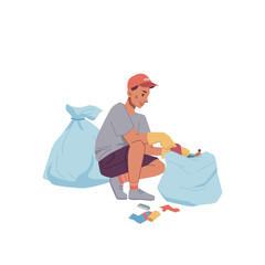 Man in rubber gloves collect litter into bags isolated flat cartoon. Vector ecologist clean globe, hobby activity to protect environment. Male activist in rubber gloves help to pick garbage into sack