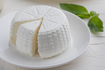 Round cottage cheese on white background.Close-up