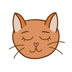 Funny and cute fluffy cat face close up with relaxed emotion in orange colors. Trendy stylized clipart with hand drawn vector outline. Suitable for stickers, scrap elements, social media. Isolated.
