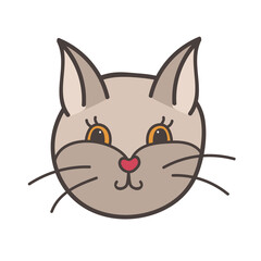 Funny and cute fluffy cat face close up with happy emotion in beige colors. Trendy stylized clipart with hand drawn vector outline. Suitable for stickers, scrap elements, social media. Isolated.