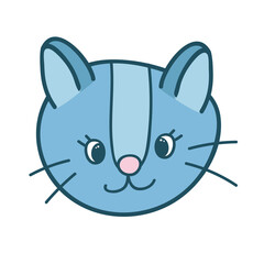 Funny and cute fluffy cat face close up with playful emotion in blue colors. Trendy stylized clipart with hand drawn vector outline. Suitable for stickers, scrap elements, social media. Isolated.