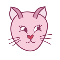 Funny and cute fluffy cat face close up with playful emotion in pink colors. Trendy stylized clipart with hand drawn vector outline. Suitable for stickers, scrap elements, social media. Isolated.