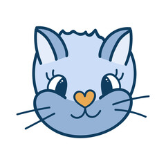 Funny and cute fluffy cat face close up with happy emotion in blue colors. Trendy stylized clipart with hand drawn vector outline. Suitable for stickers, scrap elements, social media. Isolated.
