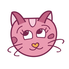 Funny and cute fluffy cat face close up with embarrassed emotion in pink colors. Trendy stylized clipart with hand drawn vector outline. Suitable for stickers, scrap elements, social media. Isolated.