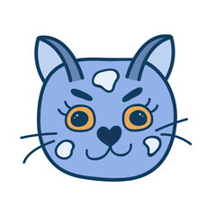 Funny and cute fluffy cat face close up with arrogant emotion in blue colors. Trendy stylized clipart with hand drawn vector outline. Suitable for stickers, scrap elements, social media. Isolated.