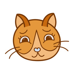 Funny and cute fluffy cat face close up with happy emotion in orange colors. Trendy stylized clipart with hand drawn vector outline. Suitable for stickers, scrap elements, social media. Isolated.