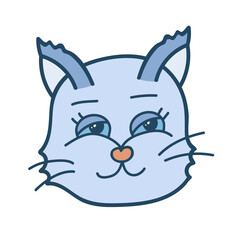 Funny and cute fluffy cat face close up with cunning emotion in blue colors. Trendy stylized clipart with hand drawn vector outline. Suitable for stickers, scrap elements, social media. Isolated.