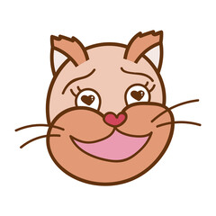 Obraz premium Funny and cute fluffy cat face close up with enamored emotion in brown colors. Trendy stylized clipart with hand drawn vector outline. Suitable for stickers, scrap elements, social media. Isolated.
