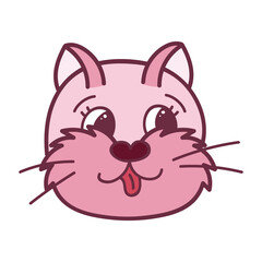 Funny and cute fluffy cat face close up with playful emotion in pink colors. Trendy stylized clipart with hand drawn vector outline. Suitable for stickers, scrap elements, social media. Isolated.