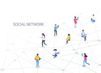 isometric vector illustration on blue background, social network and people with gadgets