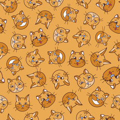 Cute vector seamless hand drawn pattern with cat’s faces close up with different emotions in orange colors. Can be used for the posters, wrapping paper, bedclothes, socks, towels, notebook, packages.