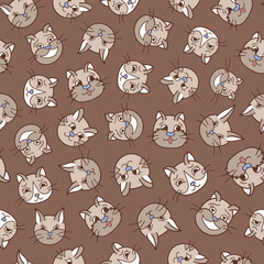 Cute vector seamless hand drawn pattern with cat’s faces close up with different emotions in brown colors. Can be used for the posters, wrapping paper, bedclothes, socks, towels, notebook, packages.