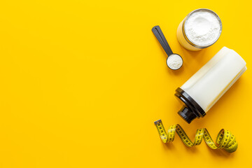 Whey protein powder and shaker with smoothie. Sport nutrition