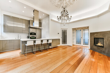 Interior of spacious light dining room with fireplace and elegant chandelier located near kitchen...