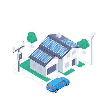 isometric vector illustration isolated on white background, solar powered house and electric car, ecological green energy