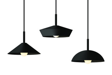 A set of three black wide metal minimalist pendant lights in japandi or Scandinavian style. Vector stock flat illustration isolated on a white background.