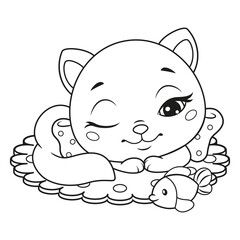 Little cat sleeping with toy fish coloring pagefor kids. Black and white outline illustration