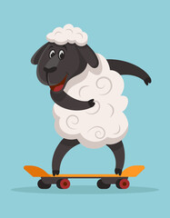 Sheep riding skateboard. Funny animal in cartoon style.