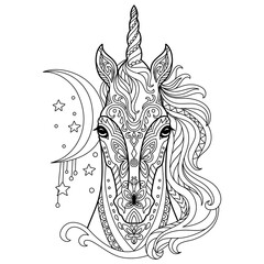 Tangle unicorn coloring book page for adult