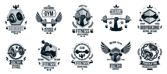 Fitness sport emblems logos or posters with barbells dumbbells kettlebells and muscle man silhouettes vector set, athletic workout active lifestyle theme, sport club or competition awards.
