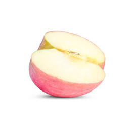 Ripe fresh pink apple cut in half isolated on white background.