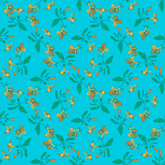 Branches with flowers drawing, bloom in yellow colors, floral seamless pattern, nature abstract background vector. Line art botanical illustration graphic design print, fabric. Trendy blue wallpaper