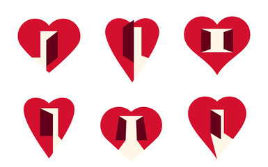 Hearts open with doors vector simple icons or logos set, graphic design elements with concept of being open for new feelings, help aid and assistance idea, care and family.