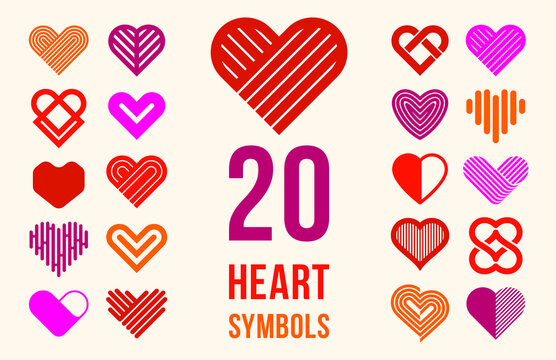 Hearts geometric linear logos vector icons or logotypes set, graphic design modern style elements, love care and charity geometrical symbols collection.