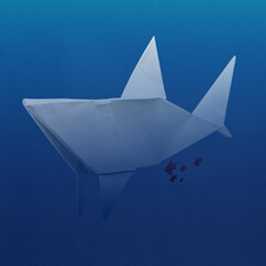 Abstract illustration of shark in deep and dark blue ocean background swimming with small fishes and made from paper using paper folding technique origami. Matte craft paper texture background