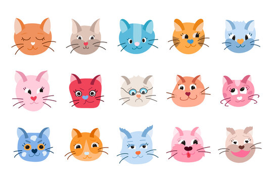 Vector set of cute cat’s faces close up with different emotions (happy, sad, angry, embarrassed, insidious, arrogant, playful, laughing, enamored etc.). Trendy colorful clipart isolated on background.