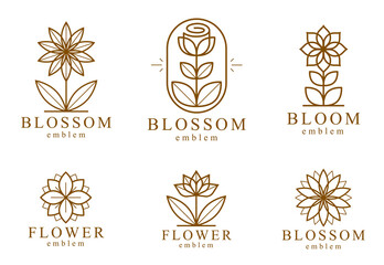 Beautiful geometric flower logos vector linear designs set, sacred geometry line drawing emblems or symbols collection, blossoming flower hotel or boutique or jewelry logotypes.