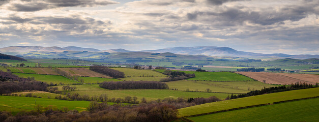Panorama of the Cheviot Hills, a range of rolling hills straddling the Anglo-Scottish border viewed here from Corby's Crags in early springtime