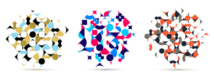 Abstract geometric backgrounds set isolated over white, vector design elements in retro style of 70s, modern modular compositions with colorful geometrical shapes.