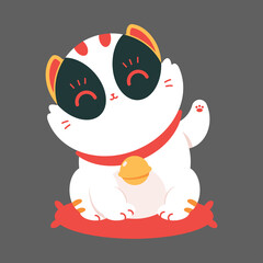 Cute Japanese lucky cat sitting on red pillow vector cartoon illustration isolated on background.