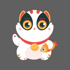Cute Japanese lucky cat with gold fish vector cartoon illustration isolated on background.