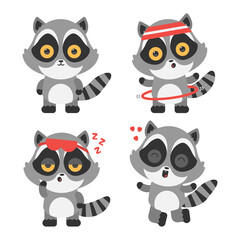 Cute raccoons vector cartoon characters set isolated on a white background.