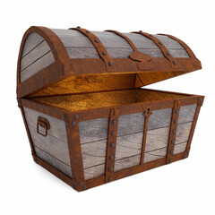 Old and broken vintage pirate treasure chest. Rotten and broken. For storing valuables Made of cracked wood And rusted metal texture Isolated on white background and wallpaper.3D Rendering.