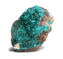 A fine sample of dioptase - green crystals on white background, very reminiscent of emeralds. Zaire - Africa Mining Site. 