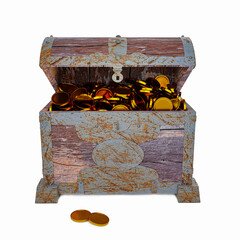 Golden coins in Old broken vintage pirate treasure chest. Rotten and broken. Storing valuables Made of cracked wood And rusted metal texture Isolated on white background and wallpaper.3D Rendering.